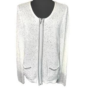 Laura Ashley large ladies white open knit silver sequent pocket zip cardigan